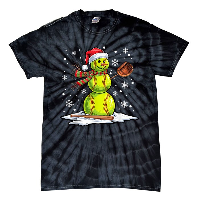 Softball Snowman Softball Player Santa Hat Christmas Funny Tie-Dye T-Shirt