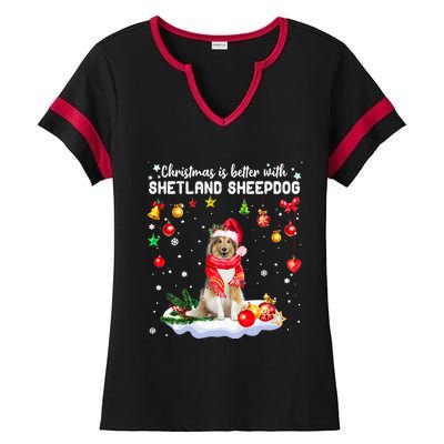 Santa Shetland Sheepdog Christmas Ornat Decoration Xgreat Giftmas Funny Gift Ladies Halftime Notch Neck Tee