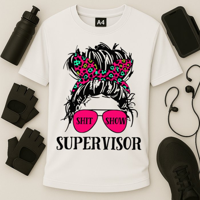 Shit Show Supervisor Tee Women Casual Messy Bun Bleached Cooling Performance Crew T-Shirt