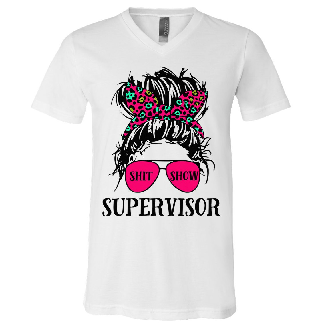 Shit Show Supervisor Tee Women Casual Messy Bun Bleached V-Neck T-Shirt