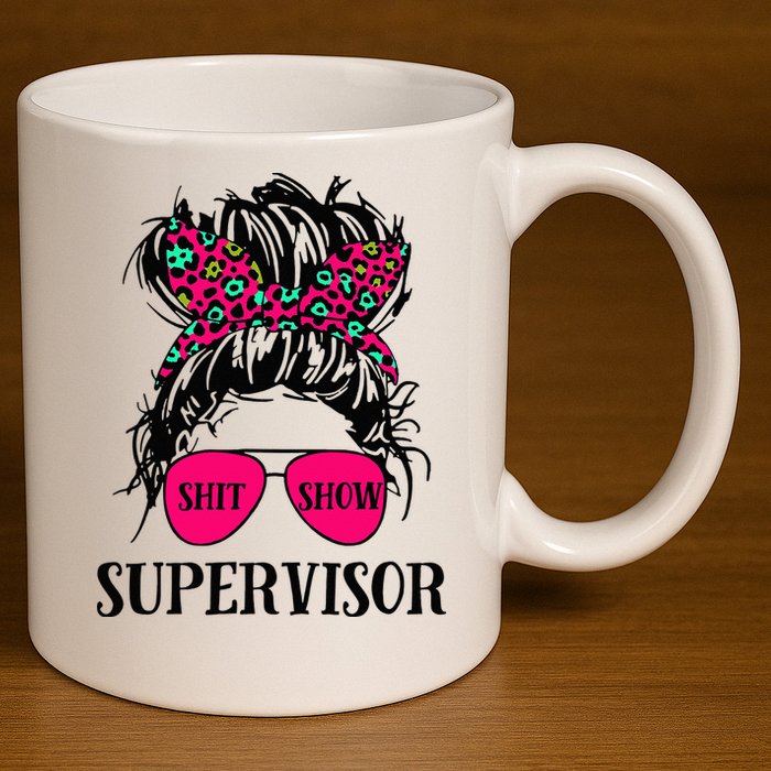 Shit Show Supervisor Tee Women Casual Messy Bun Bleached 11oz C Handle Ceramic Mug