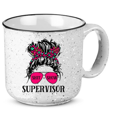 Shit Show Supervisor Tee Women Casual Messy Bun Bleached 15oz Campfire Ceramic Mug