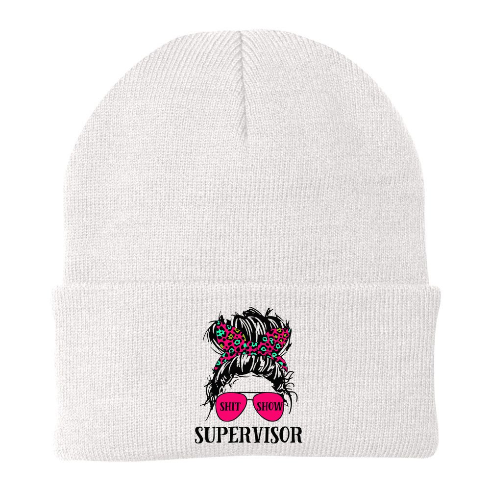 Shit Show Supervisor Tee Women Casual Messy Bun Bleached Beanie
