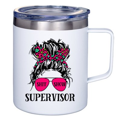 Shit Show Supervisor Tee Women Casual Messy Bun Bleached 12oz Stainless Steel Coffee Mug