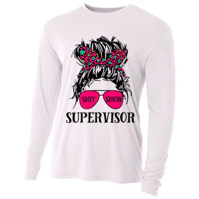 Shit Show Supervisor Tee Women Casual Messy Bun Bleached Cooling Performance Long Sleeve Crew