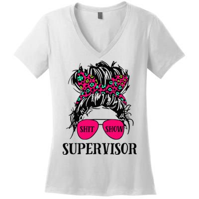 Shit Show Supervisor Tee Women Casual Messy Bun Bleached Women's V-Neck T-Shirt