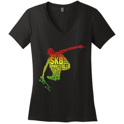 Skateboard Skater Slang Retro Skaterboarding Women's V-Neck T-Shirt