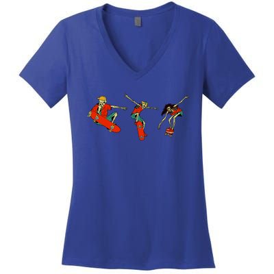 Skateboarding Skeletons Skeleton Skater Halloween Costume Gift Women's V-Neck T-Shirt