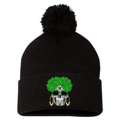 Shamrock Sugar Skull St Patricks Day Of Dead Pom Pom 12in Knit Beanie