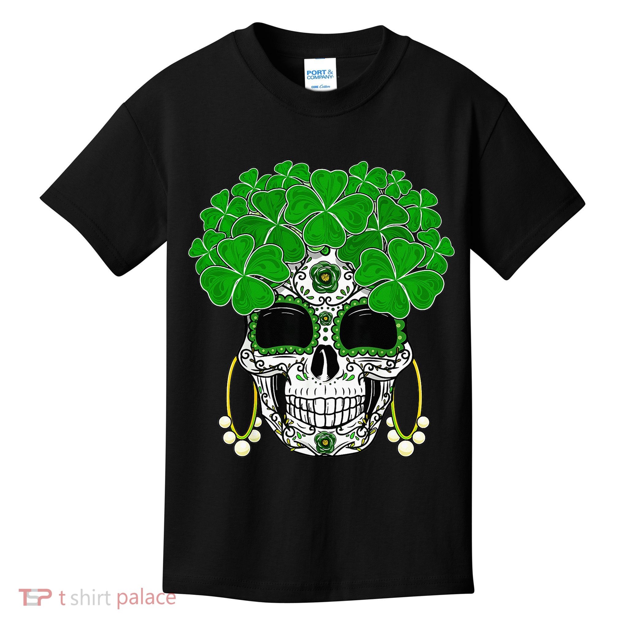 Shamrock Sugar Skull St Patricks Day Of Dead Kids T-Shirt