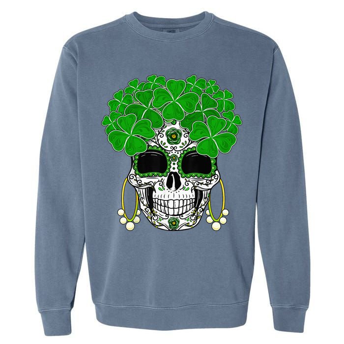 Shamrock Sugar Skull St Patricks Day Of Dead Garment-Dyed Sweatshirt