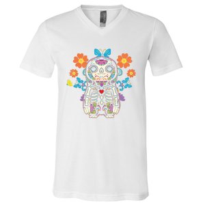 Sloth Sugar Skull Mexico Calavera Dia De Los Muertos V-Neck T-Shirt