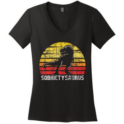 Sobrietysaurus Sober Sobriety Anniversary Recovery Aa Na Women's V-Neck T-Shirt