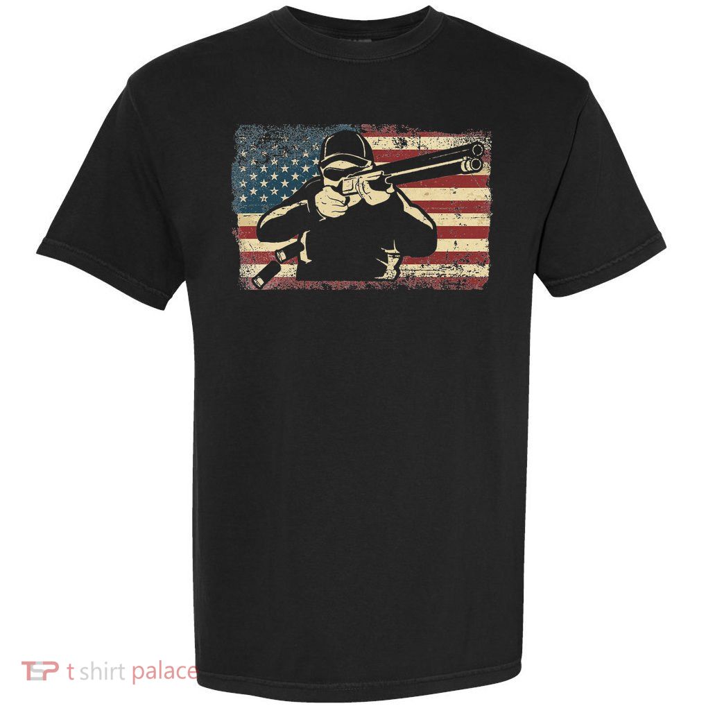 Shotgun Skeet Trap Clay Pigeon Shooting American Usa Flag Garment-Dyed Heavyweight T-Shirt