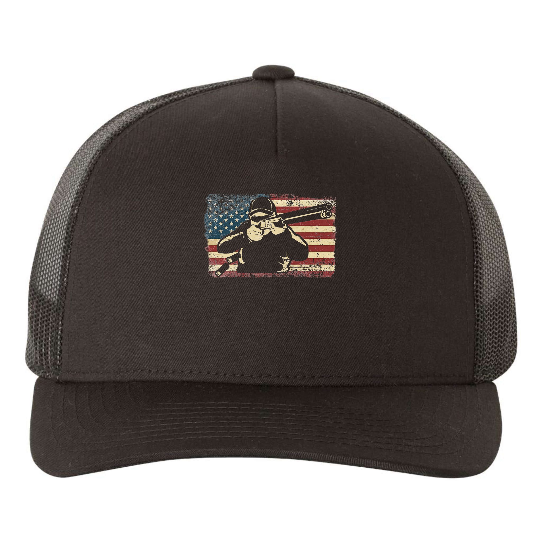 Shotgun Skeet Trap Clay Pigeon Shooting American Usa Flag Yupoong Adult 5-Panel Trucker Hat