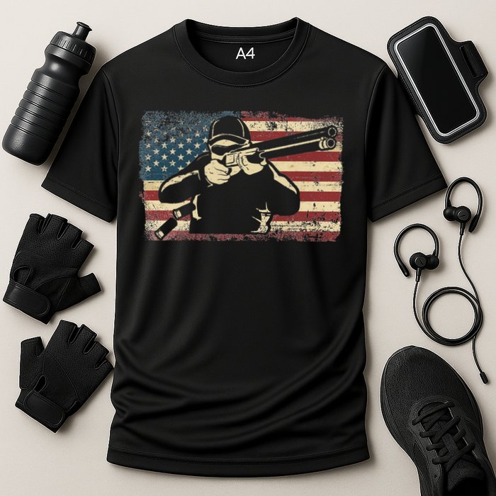 Shotgun Skeet Trap Clay Pigeon Shooting American Usa Flag Cooling Performance Crew T-Shirt