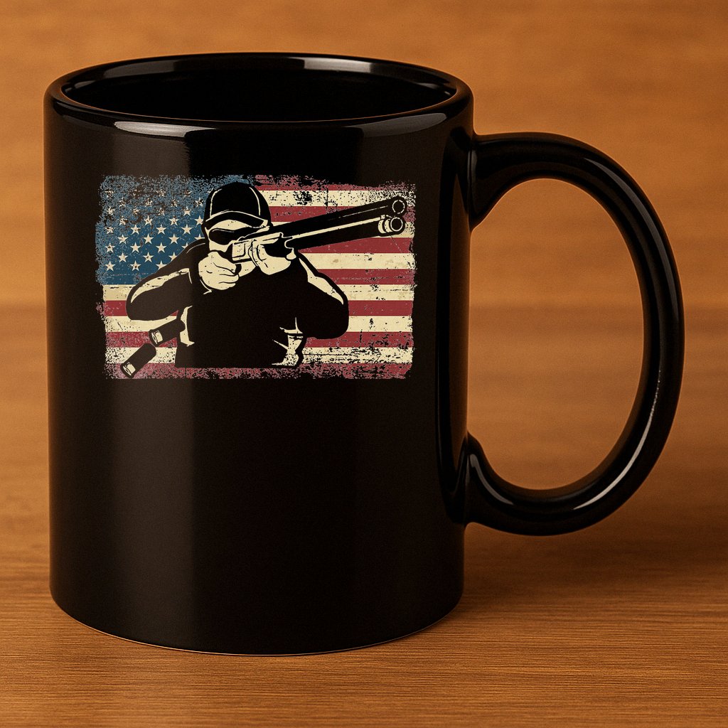 Shotgun Skeet Trap Clay Pigeon Shooting American Usa Flag 11oz C Handle Ceramic Mug
