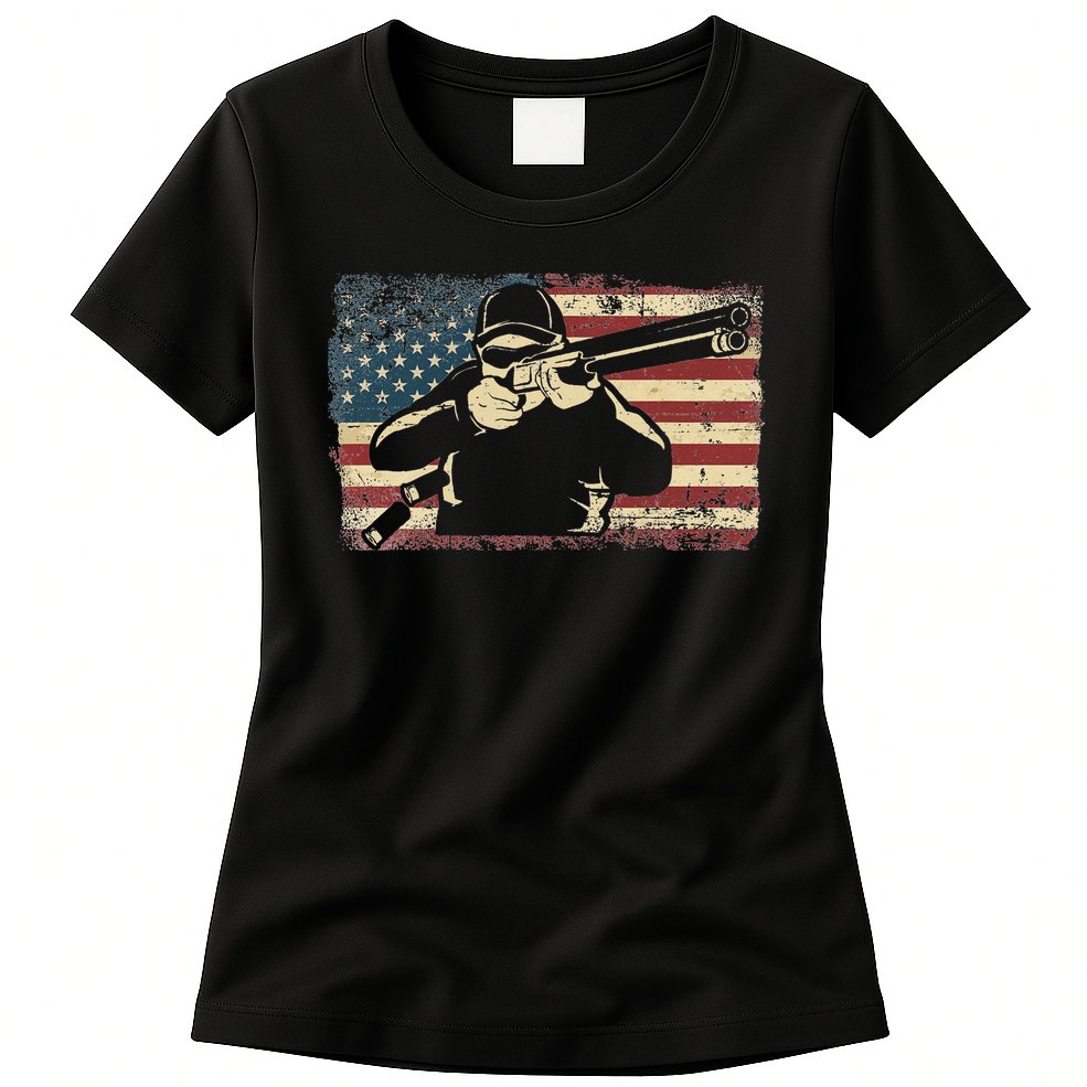 Shotgun Skeet Trap Clay Pigeon Shooting American Usa Flag Womens T-Shirt