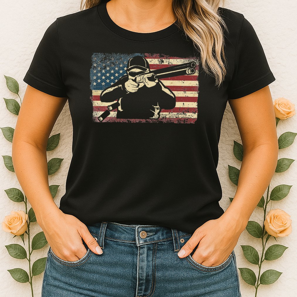 Shotgun Skeet Trap Clay Pigeon Shooting American Usa Flag Womens T-Shirt