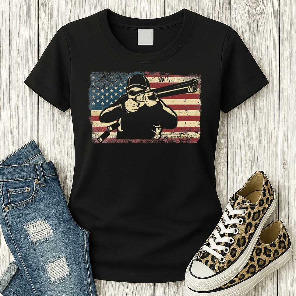 Shotgun Skeet Trap Clay Pigeon Shooting American Usa Flag Womens T-Shirt