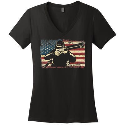 Shotgun Skeet Trap Clay Pigeon Shooting American Usa Flag Women's V-Neck T-Shirt