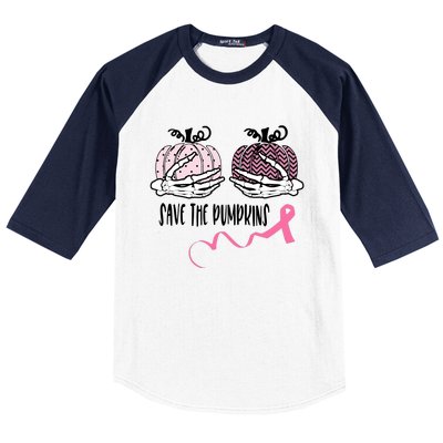 Skeleton Save The Pumpkins Pink Ribbon Breast Cancer Baseball Sleeve Shirt