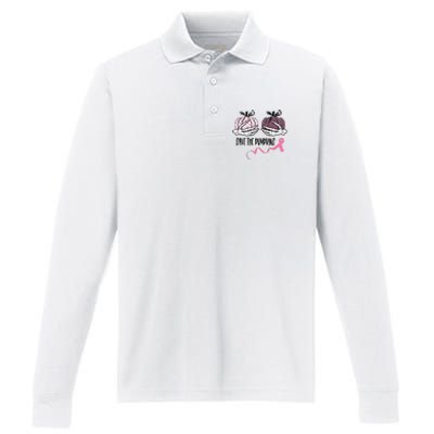 Skeleton Save The Pumpkins Pink Ribbon Breast Cancer Performance Long Sleeve Polo