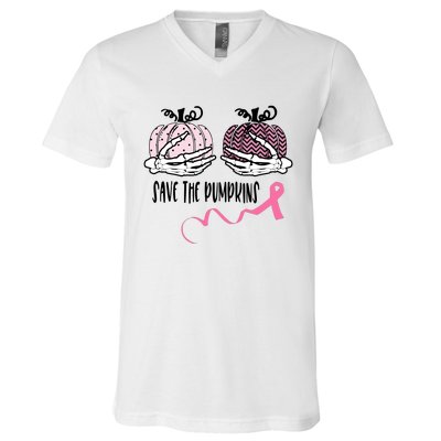 Skeleton Save The Pumpkins Pink Ribbon Breast Cancer V-Neck T-Shirt