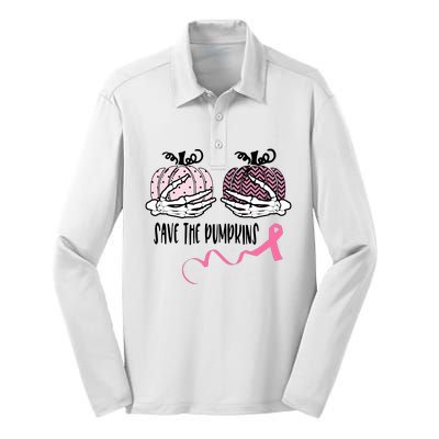 Skeleton Save The Pumpkins Pink Ribbon Breast Cancer Silk Touch Performance Long Sleeve Polo