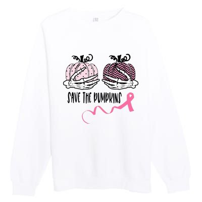 Skeleton Save The Pumpkins Pink Ribbon Breast Cancer Premium Crewneck Sweatshirt