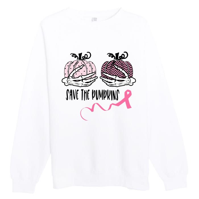 Skeleton Save The Pumpkins Pink Ribbon Breast Cancer Premium Crewneck Sweatshirt