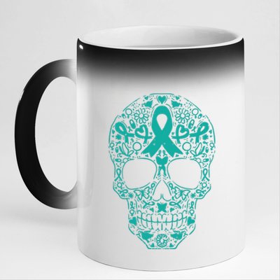 Sugar Skull Teal Ribbon Ovarian Cancer Awareness Mexicansugar Skull Teal Ribbon 11oz Black Color Changing Mug