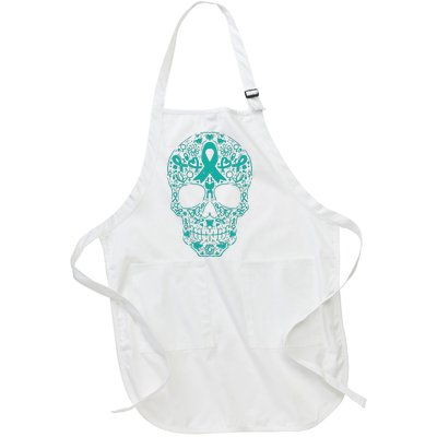 Sugar Skull Teal Ribbon Ovarian Cancer Awareness Mexicansugar Skull Teal Ribbon Full-Length Apron With Pockets