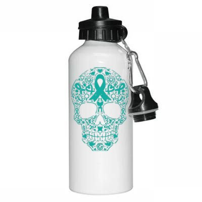 Sugar Skull Teal Ribbon Ovarian Cancer Awareness Mexicansugar Skull Teal Ribbon Aluminum Water Bottle