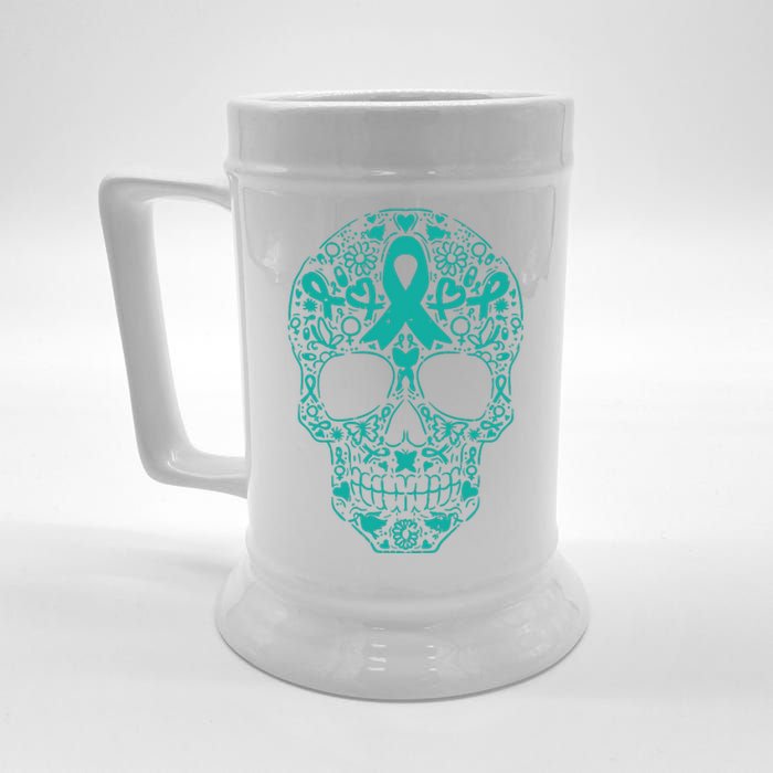 Sugar Skull Teal Ribbon Ovarian Cancer Awareness Mexicansugar Skull Teal Ribbon Beer Stein