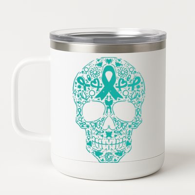 Sugar Skull Teal Ribbon Ovarian Cancer Awareness Mexicansugar Skull Teal Ribbon 12 oz Stainless Steel Tumbler Cup