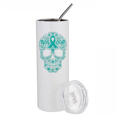 Sugar Skull Teal Ribbon Ovarian Cancer Awareness Mexicansugar Skull Teal Ribbon Stainless Steel Tumbler