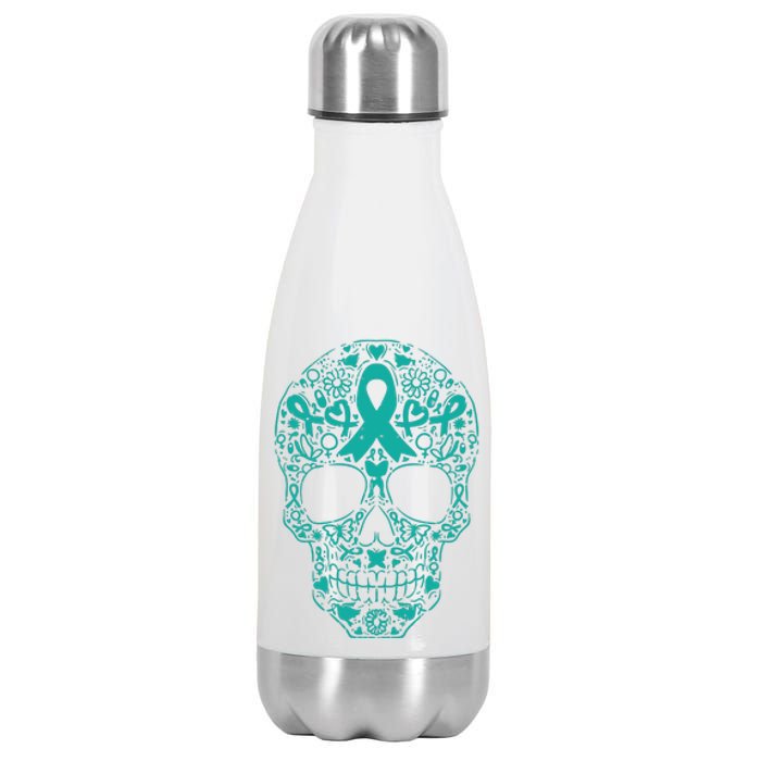 Sugar Skull Teal Ribbon Ovarian Cancer Awareness Mexicansugar Skull Teal Ribbon Stainless Steel Insulated Water Bottle