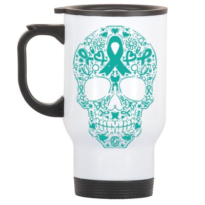 Sugar Skull Teal Ribbon Ovarian Cancer Awareness Mexicansugar Skull Teal Ribbon Stainless Steel Travel Mug