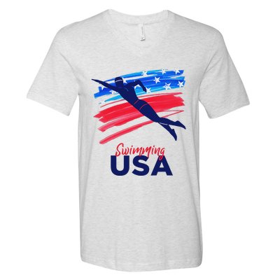 Swimming Support Team Flag Usa Pool Swimmer American V-Neck T-Shirt