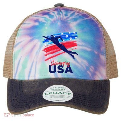 Swimming Support Team Flag Usa Pool Swimmer American Legacy Tie Dye Trucker Hat