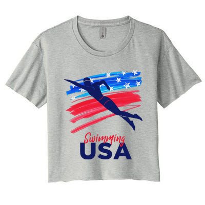 Swimming Support Team Flag Usa Pool Swimmer American Women's Crop Top Tee