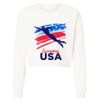 Swimming Support Team Flag Usa Pool Swimmer American Cropped Pullover Crew