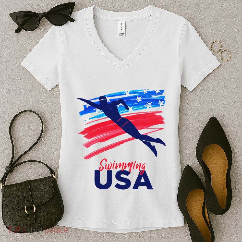 Swimming Support Team Flag Usa Pool Swimmer American Women's V-Neck T-Shirt