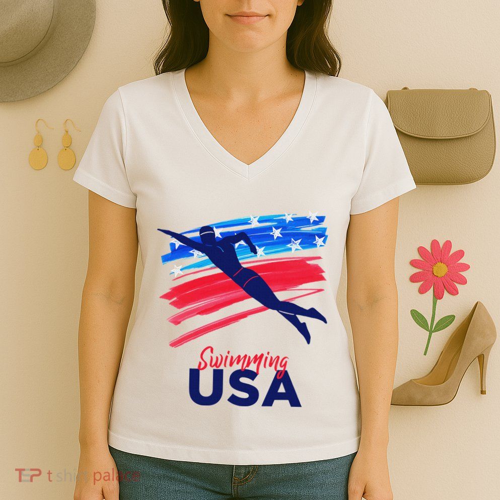 Swimming Support Team Flag Usa Pool Swimmer American Women's V-Neck T-Shirt