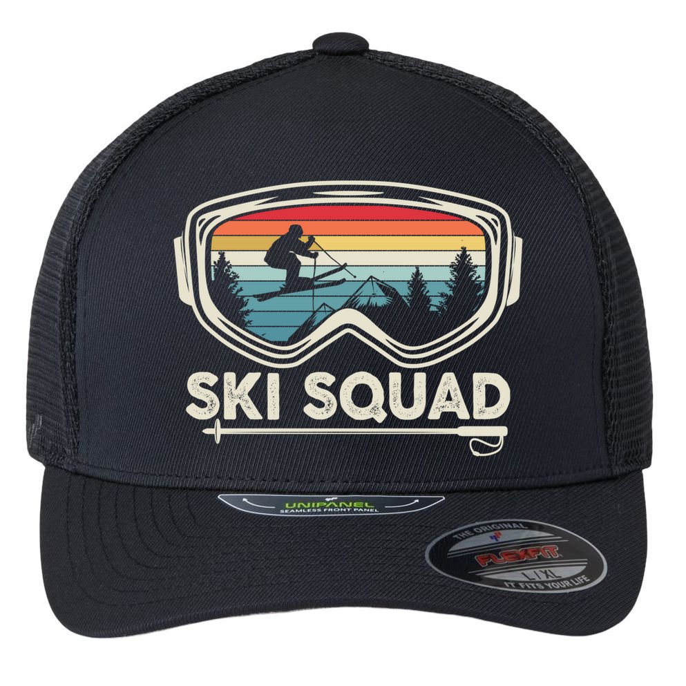 Ski Squad Team Retro Sunset Ski Lover Skier Vintage Skiing Cute Gift Flexfit Unipanel Trucker Cap