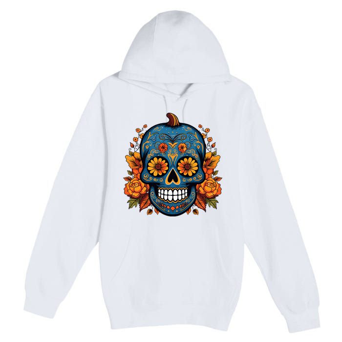 Sugar Skull Thanksgiving Day Cool Fall Autumn Skeleton Premium Pullover Hoodie