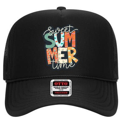 Sweet Summer Time Retro Vintage Graphic High Crown Mesh Back Trucker Hat