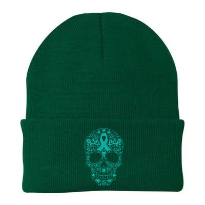 Sugar Skull Teal Ribbon Ovarian Cancer Awareness Mexican Knit Cap Winter Beanie