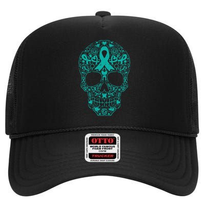 Sugar Skull Teal Ribbon Ovarian Cancer Awareness Mexican High Crown Mesh Back Trucker Hat